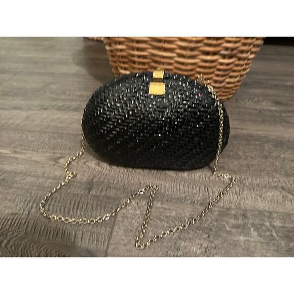 Accessory Lady Vanessa Black Wicker Coated Woven Chain Purse Clutch vintage - Picture 2 of 10